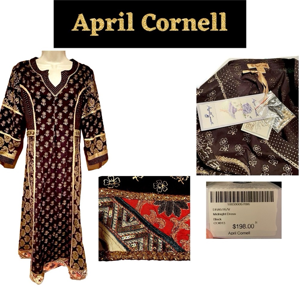 NWT Breathtaking! April Cornell Midnight Dress blk + gold embroidered dress (S) - Picture 2 of 16